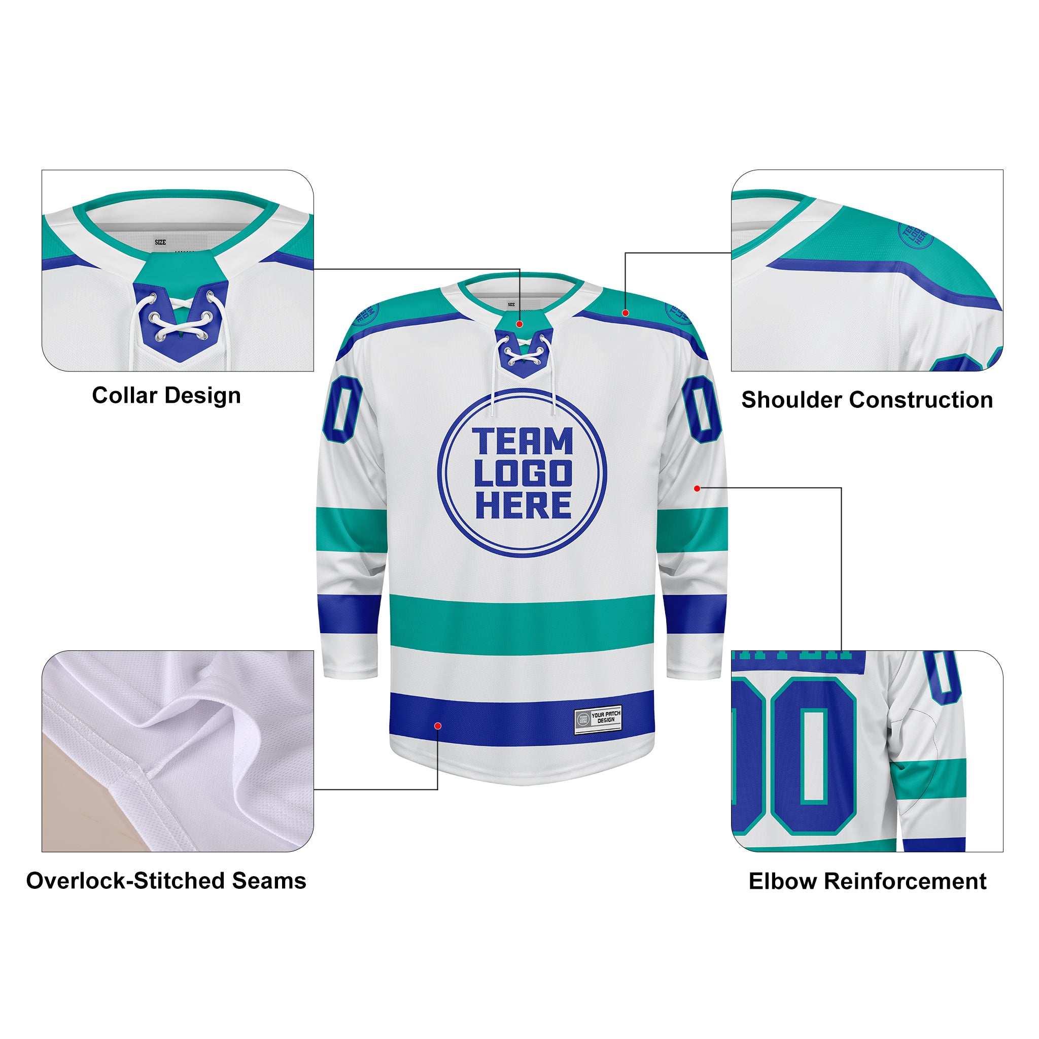 Custom Hockey Jersey Varsity Teamwear VT-208 WhiteTealIndigo