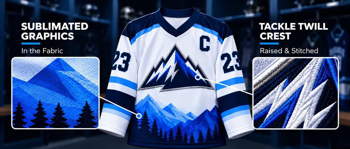 Custom Hockey Team Jerseys with Sublimated Graphics and Tackle Twill Crests