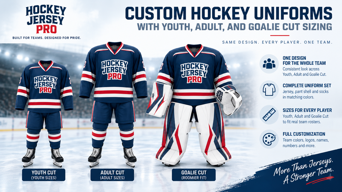 Custom Hockey Uniforms With Youth, Adult, and Goalie Cut Sizing